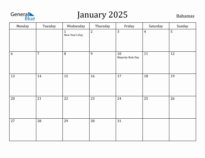 January 2025 Calendar Bahamas