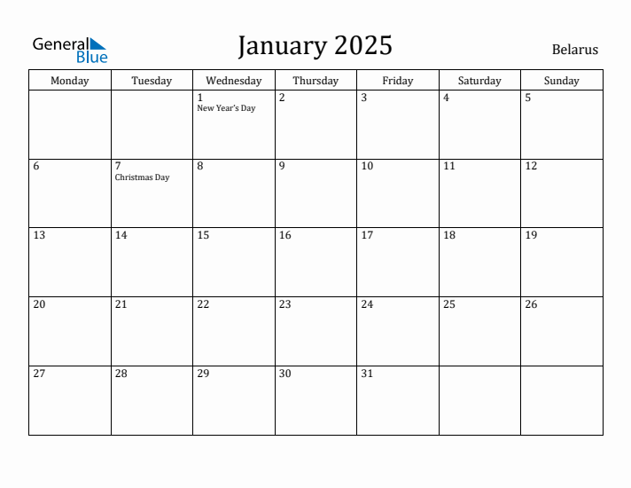 January 2025 Calendar Belarus