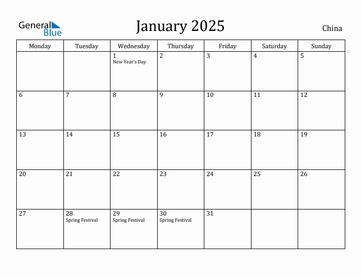 January 2025 Calendar China