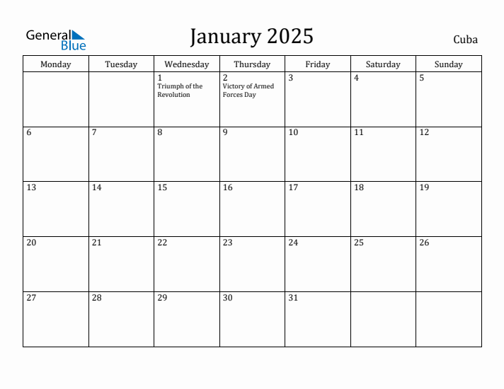 January 2025 Calendar Cuba