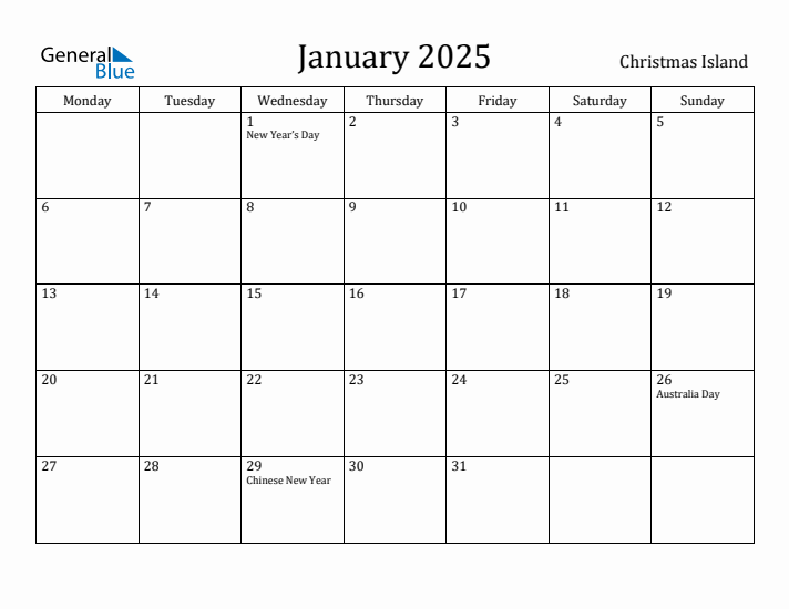 January 2025 Calendar Christmas Island