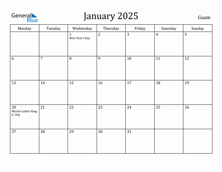 January 2025 Calendar Guam