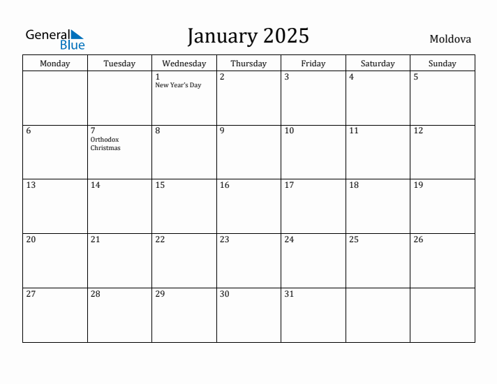 January 2025 Calendar Moldova