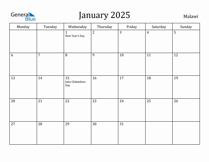 January 2025 Calendar Malawi