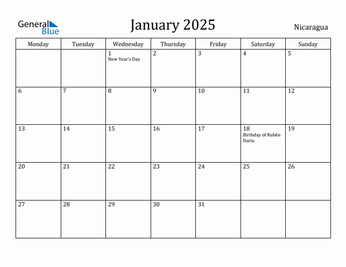 January 2025 Calendar Nicaragua