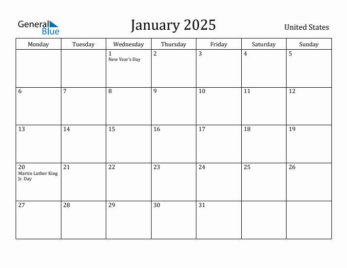 January 2025 Calendar United States