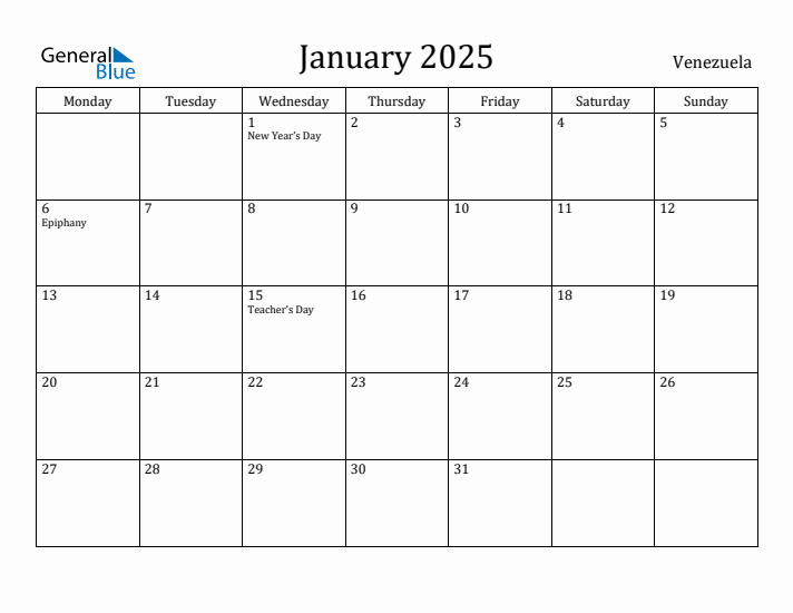 January 2025 Calendar Venezuela