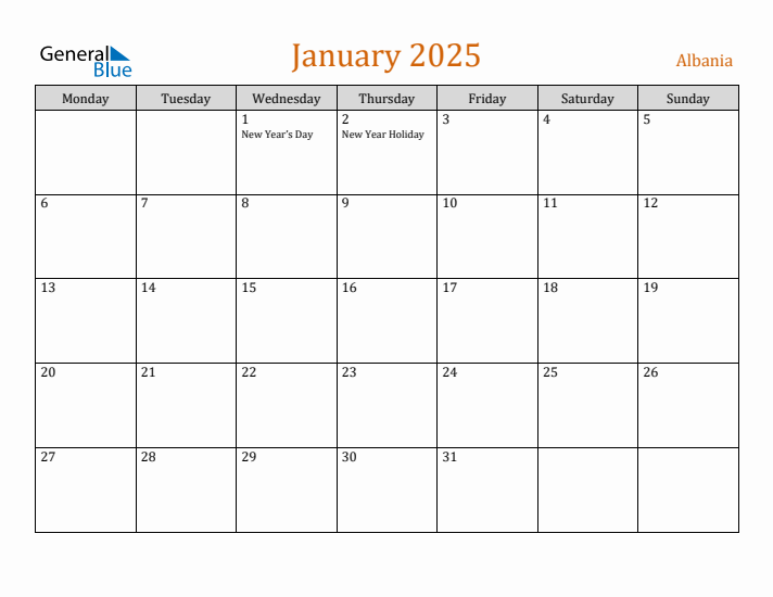 January 2025 Holiday Calendar with Monday Start