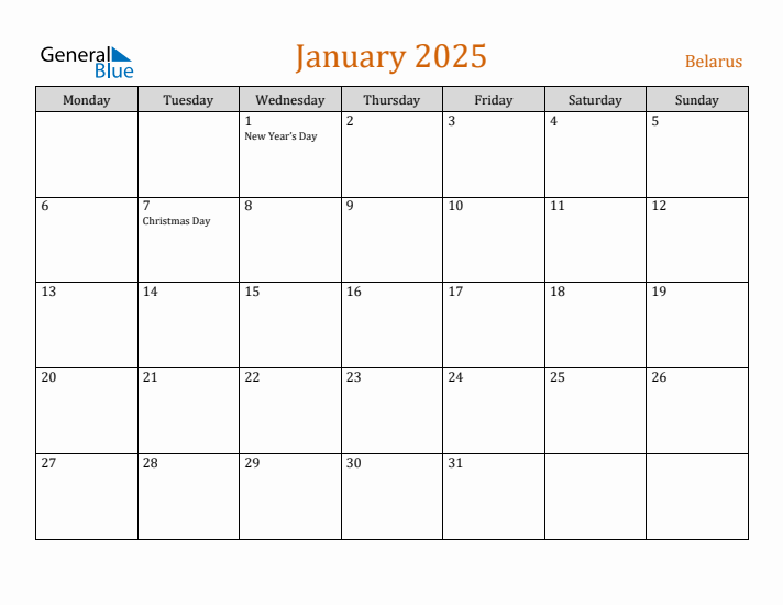 January 2025 Holiday Calendar with Monday Start