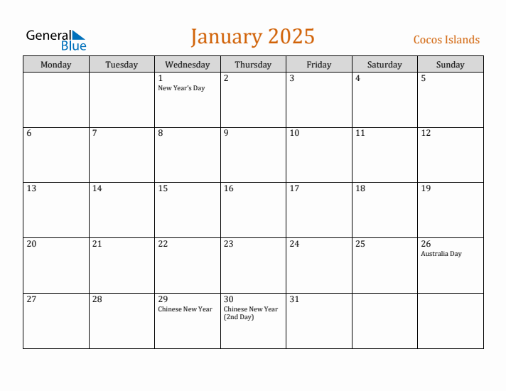 January 2025 Holiday Calendar with Monday Start