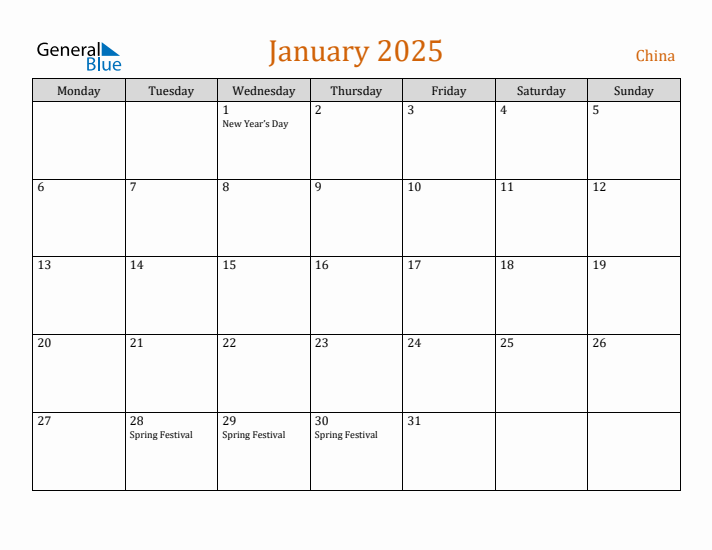 January 2025 Holiday Calendar with Monday Start