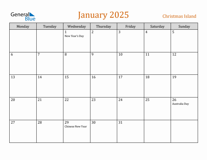 January 2025 Holiday Calendar with Monday Start