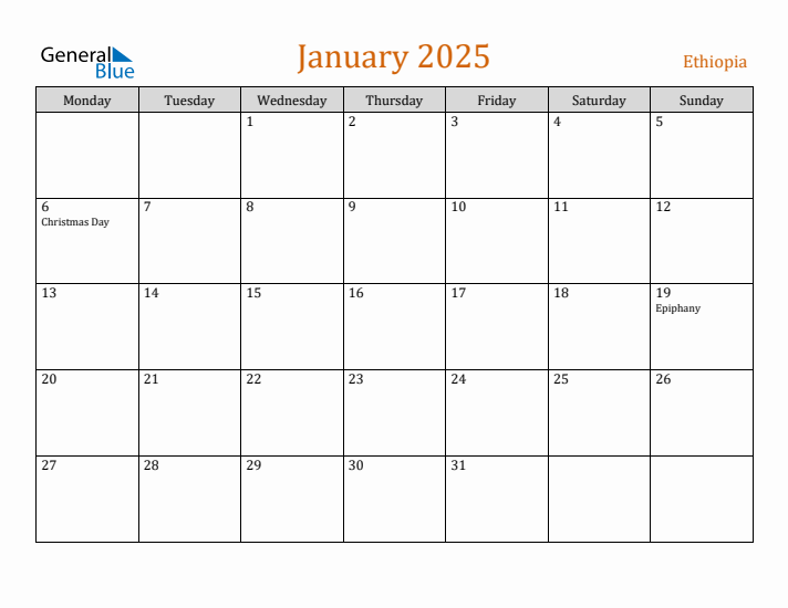 January 2025 Holiday Calendar with Monday Start