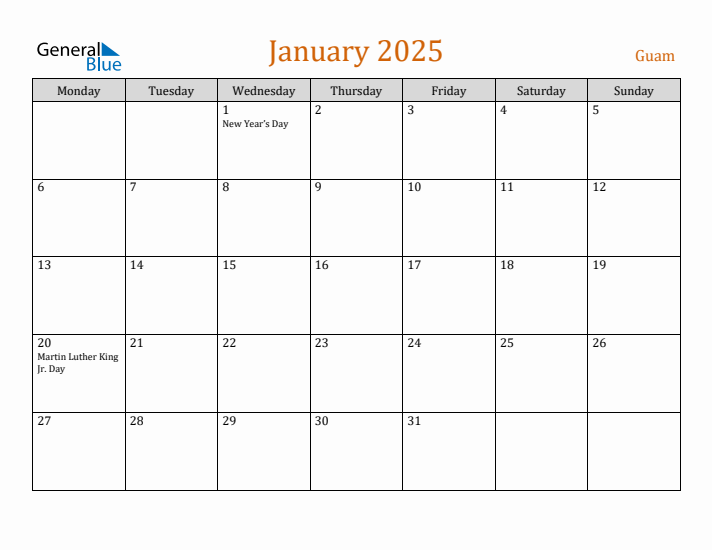 January 2025 Holiday Calendar with Monday Start