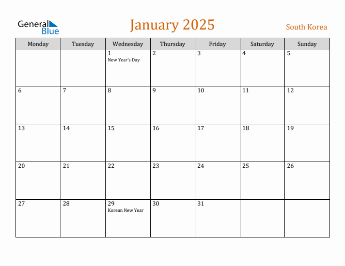 January 2025 Holiday Calendar with Monday Start