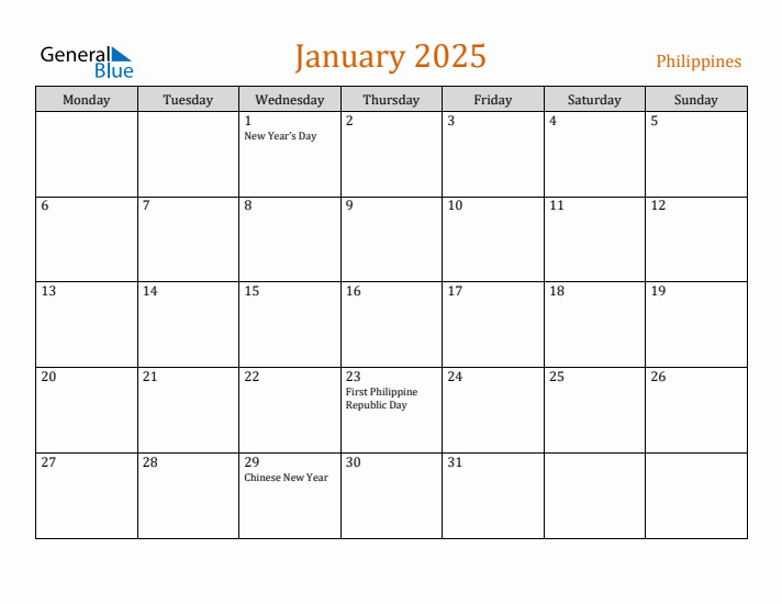 January 2025 Holiday Calendar with Monday Start