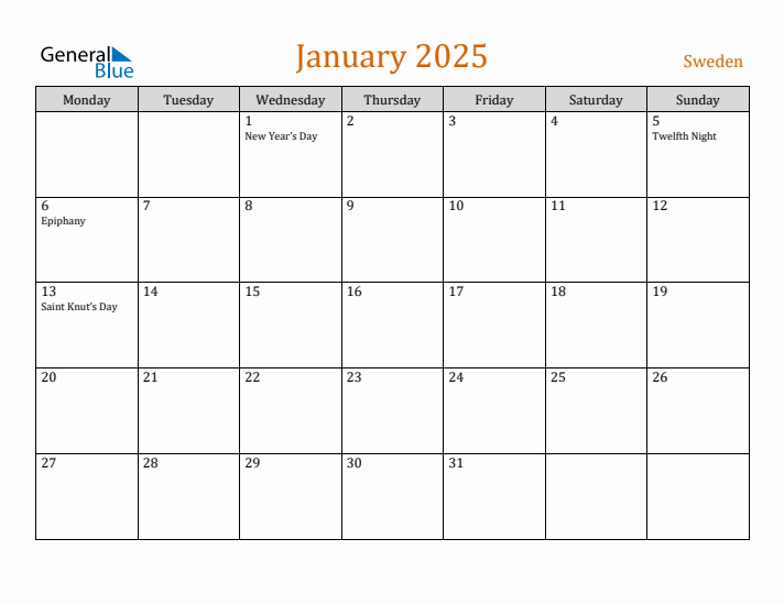 January 2025 Holiday Calendar with Monday Start