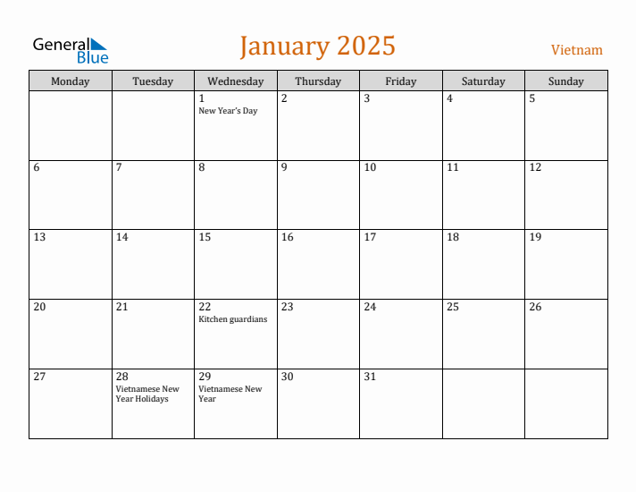 January 2025 Holiday Calendar with Monday Start