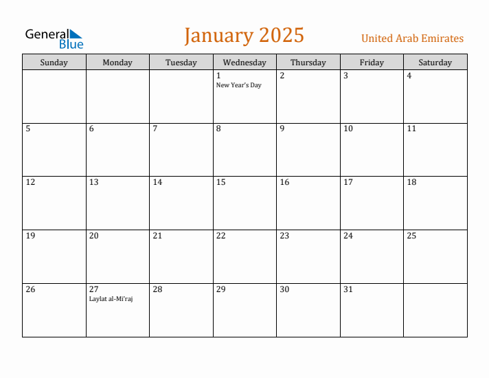 January 2025 Holiday Calendar with Sunday Start