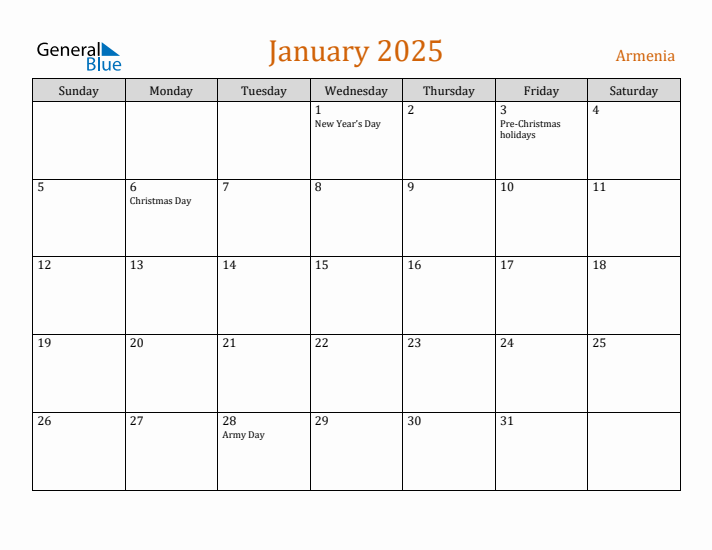 January 2025 Holiday Calendar with Sunday Start