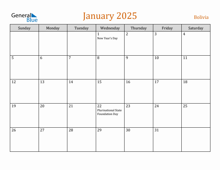 January 2025 Holiday Calendar with Sunday Start