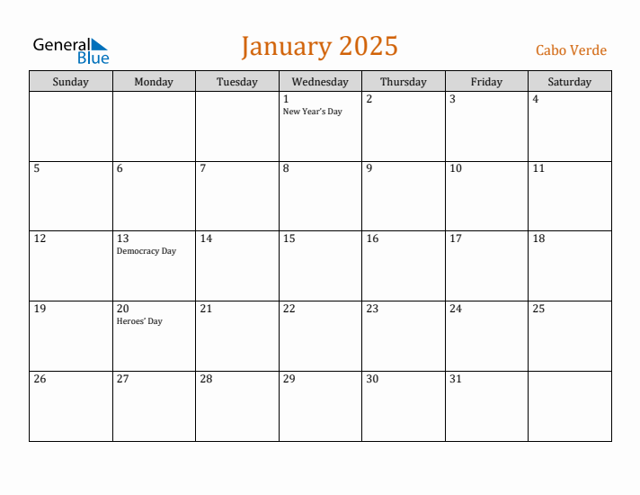 January 2025 Holiday Calendar with Sunday Start