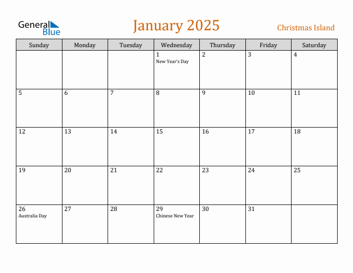 January 2025 Holiday Calendar with Sunday Start