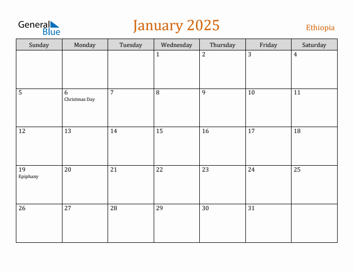 January 2025 Holiday Calendar with Sunday Start