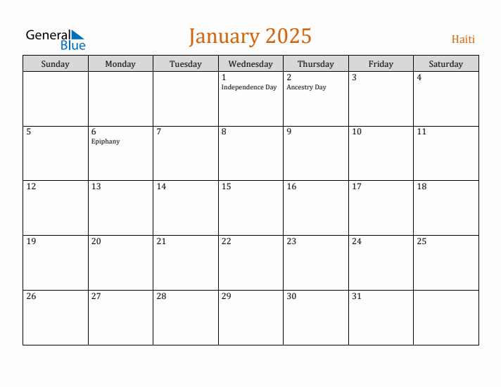 January 2025 Holiday Calendar with Sunday Start