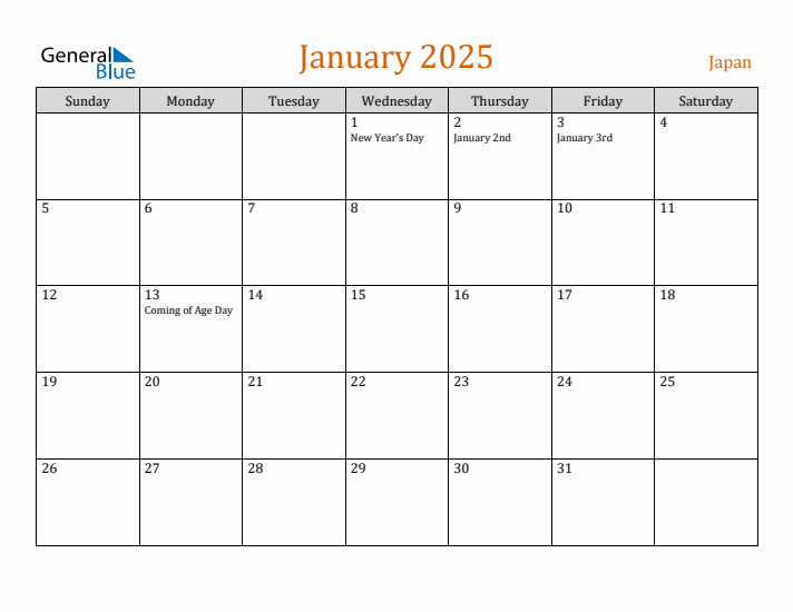 January 2025 Holiday Calendar with Sunday Start