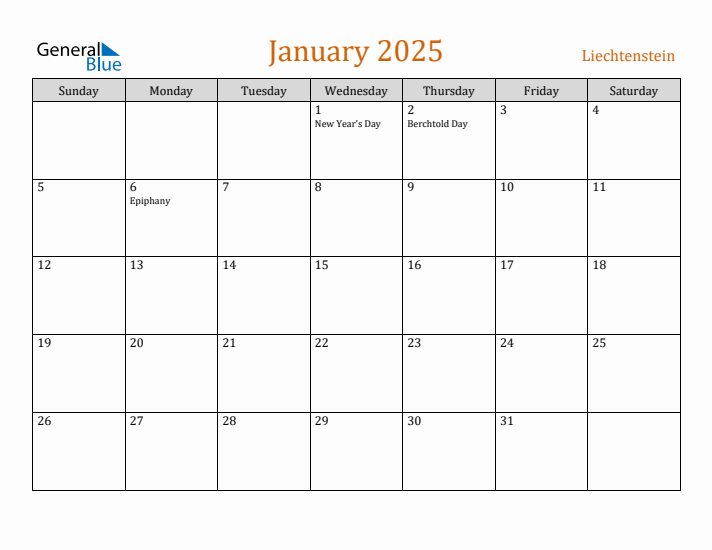 January 2025 Holiday Calendar with Sunday Start