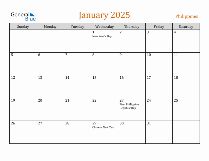 January 2025 Holiday Calendar with Sunday Start