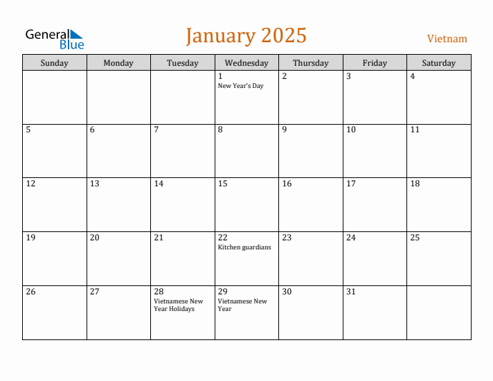 January 2025 Holiday Calendar with Sunday Start