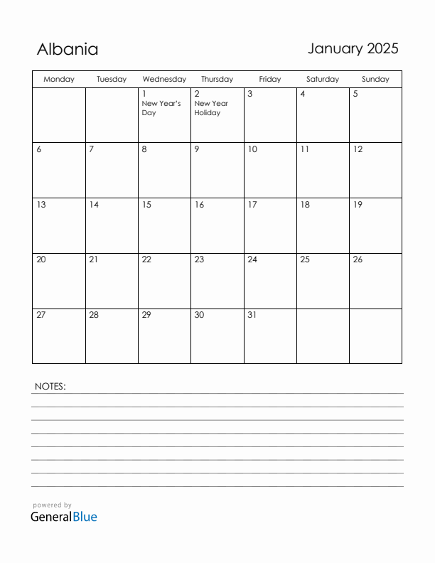 January 2025 Albania Calendar with Holidays (Monday Start)