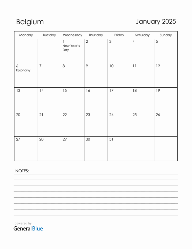 January 2025 Belgium Calendar with Holidays (Monday Start)