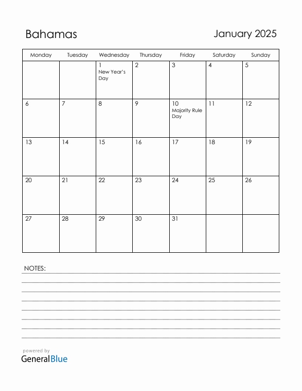 January 2025 Bahamas Calendar with Holidays (Monday Start)