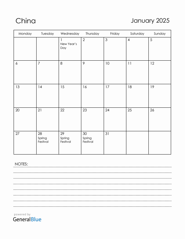 January 2025 China Calendar with Holidays (Monday Start)