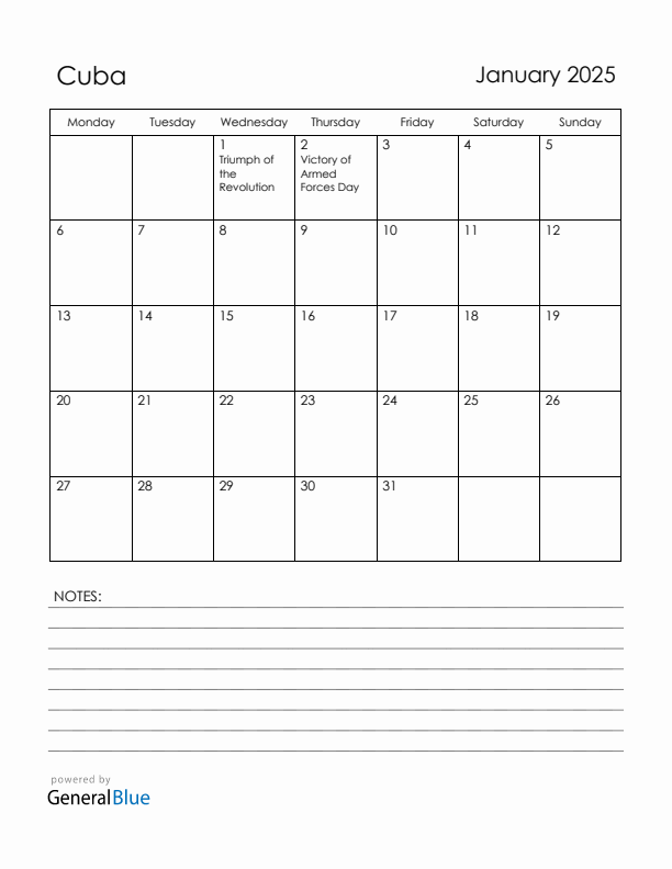 January 2025 Cuba Calendar with Holidays (Monday Start)