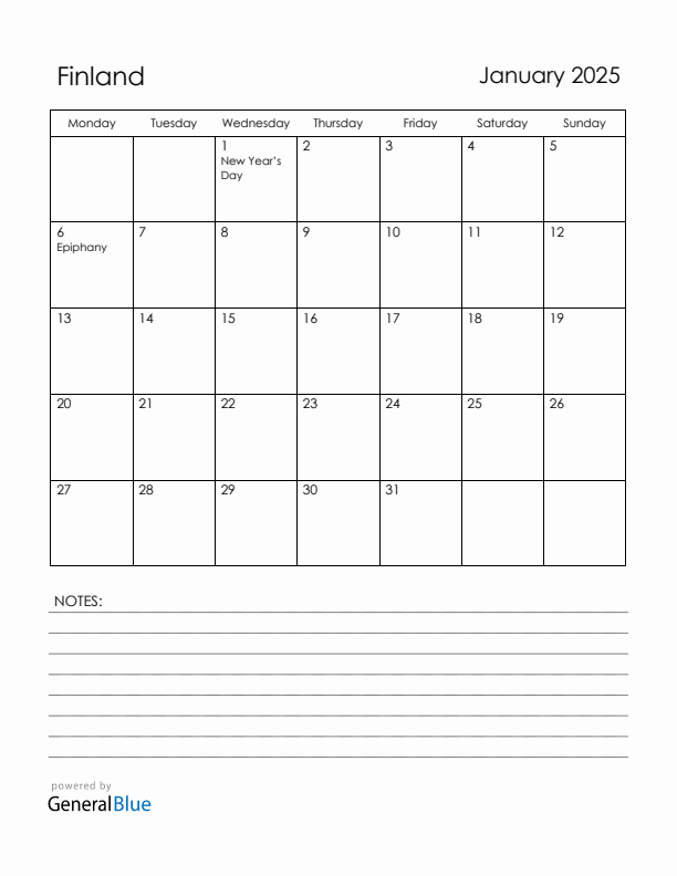 January 2025 Finland Calendar with Holidays (Monday Start)