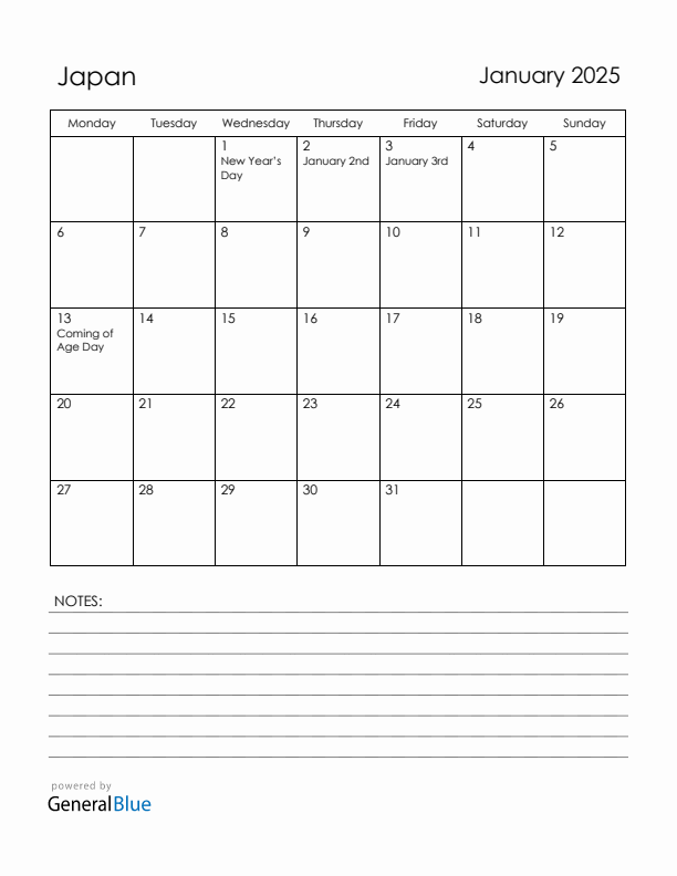 January 2025 Japan Calendar with Holidays (Monday Start)