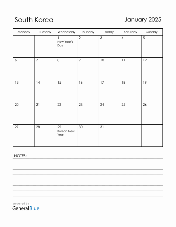 January 2025 South Korea Calendar with Holidays (Monday Start)