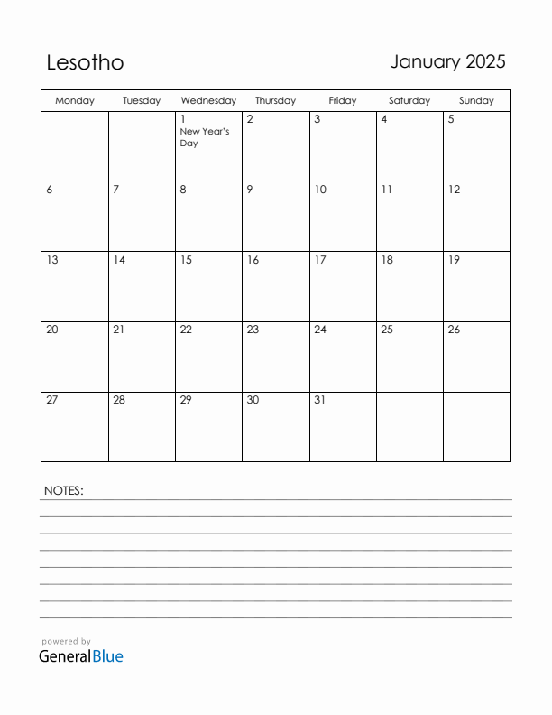 January 2025 Lesotho Calendar with Holidays (Monday Start)