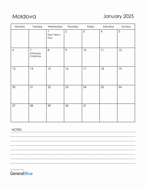 January 2025 Moldova Calendar with Holidays (Monday Start)