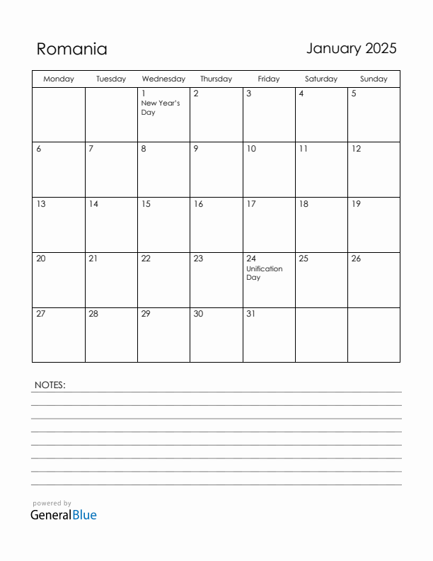 January 2025 Romania Calendar with Holidays (Monday Start)