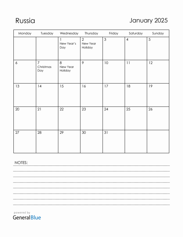 January 2025 Russia Calendar with Holidays (Monday Start)