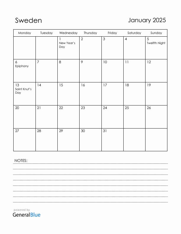 January 2025 Sweden Calendar with Holidays (Monday Start)
