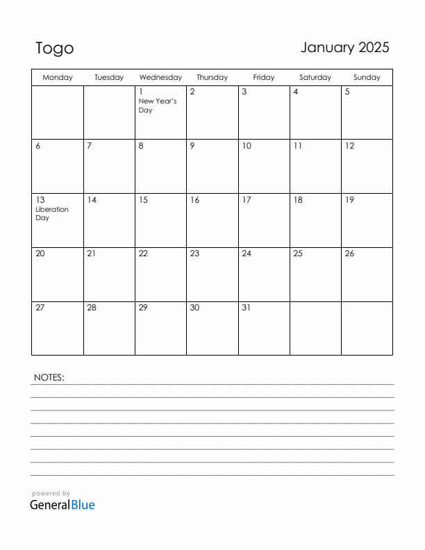 January 2025 Togo Calendar with Holidays (Monday Start)