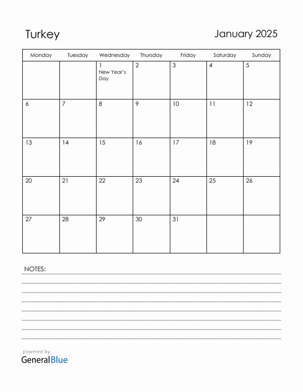 January 2025 Turkey Calendar with Holidays (Monday Start)