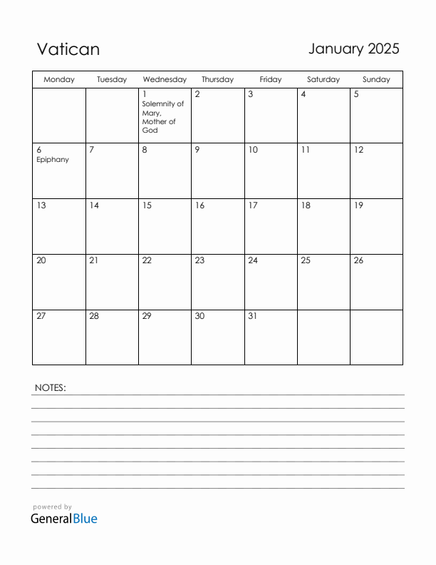 January 2025 Vatican Calendar with Holidays (Monday Start)