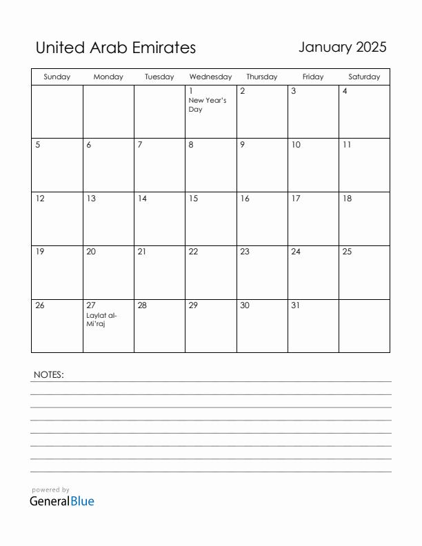 January 2025 United Arab Emirates Calendar with Holidays (Sunday Start)